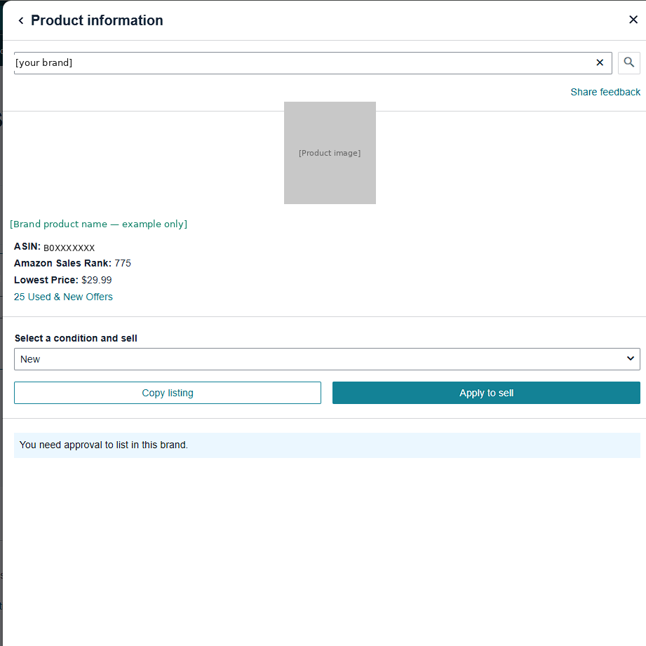 Seller Central Product Information modal with both Copy listing and Apply to sell buttons visible