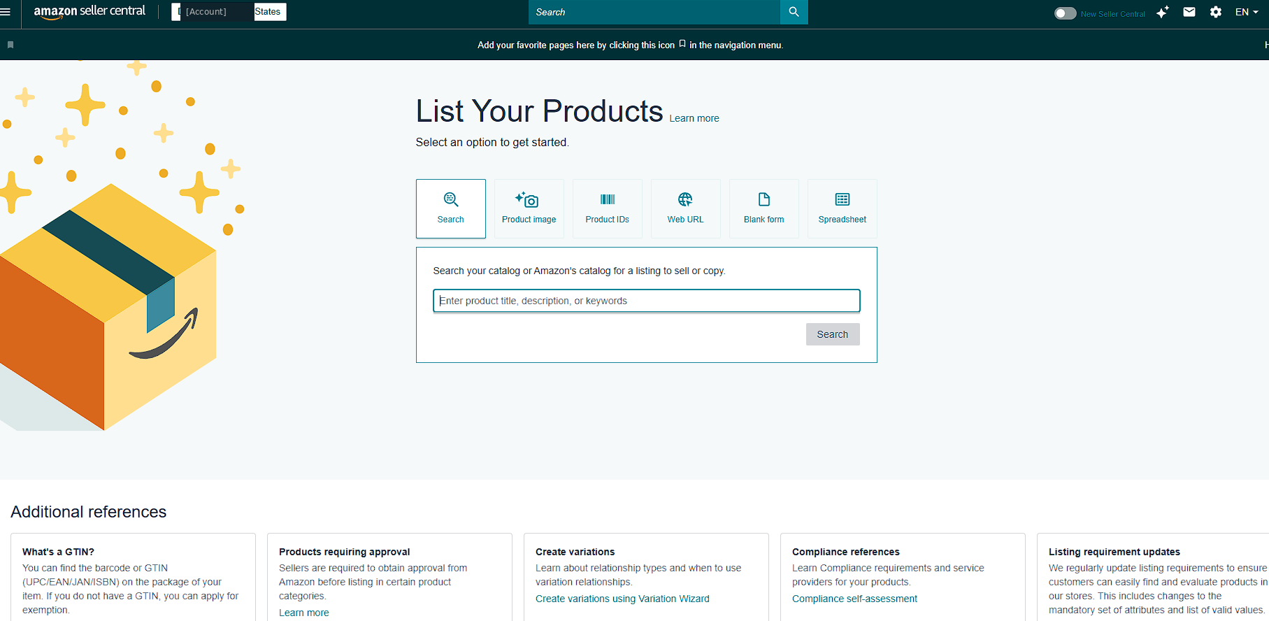Amazon List Your Products page with six search options: Search, Product image, Product IDs, Web URL, Blank form, Spreadsheet