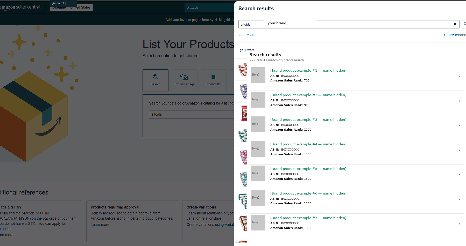 Amazon Seller Central search results panel showing list of brand products with ASINs and Amazon Sales Rank