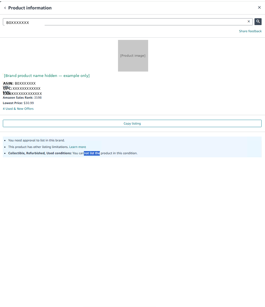 Amazon Product Information page showing only Copy listing button — no Apply to sell — indicating account-level restriction for this brand