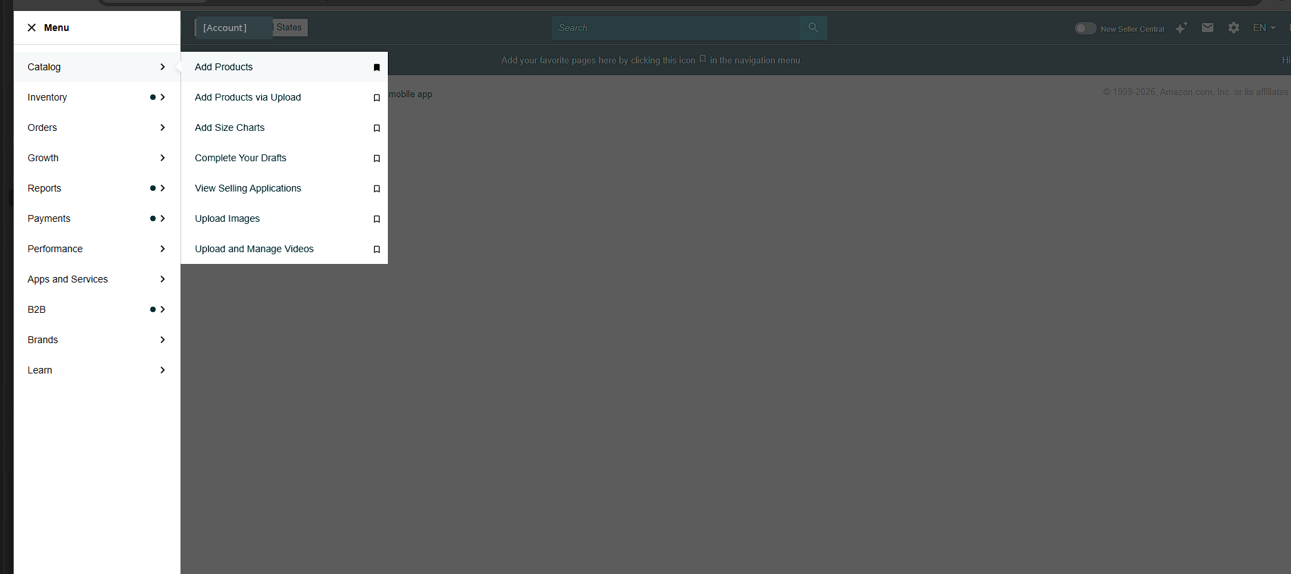 Amazon Seller Central hamburger menu opened with Catalog category expanded showing Add Products option